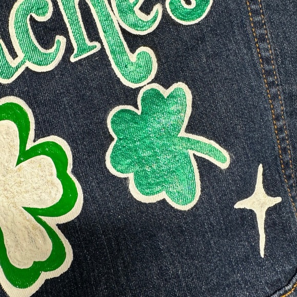 Hand Painted Jean Jacket: “Pinches Get Stitches”, St Patrick’s Day, Ladies XL - Picture 10 of 13